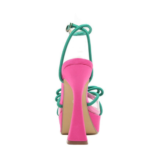 Bright Color-blocking Bow Thick-soled Buckle Chunky High Heels See size chart under “more details”