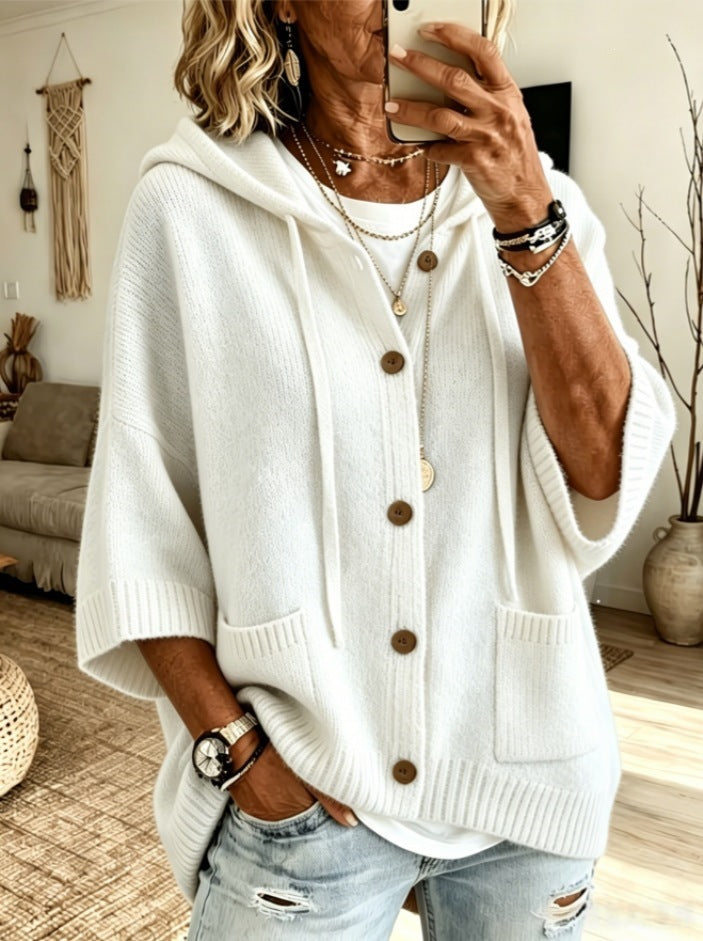 Fashion Autumn Winter Women's Button Knitted Hooded Drawstring Cardigan Sweater Coat For Women