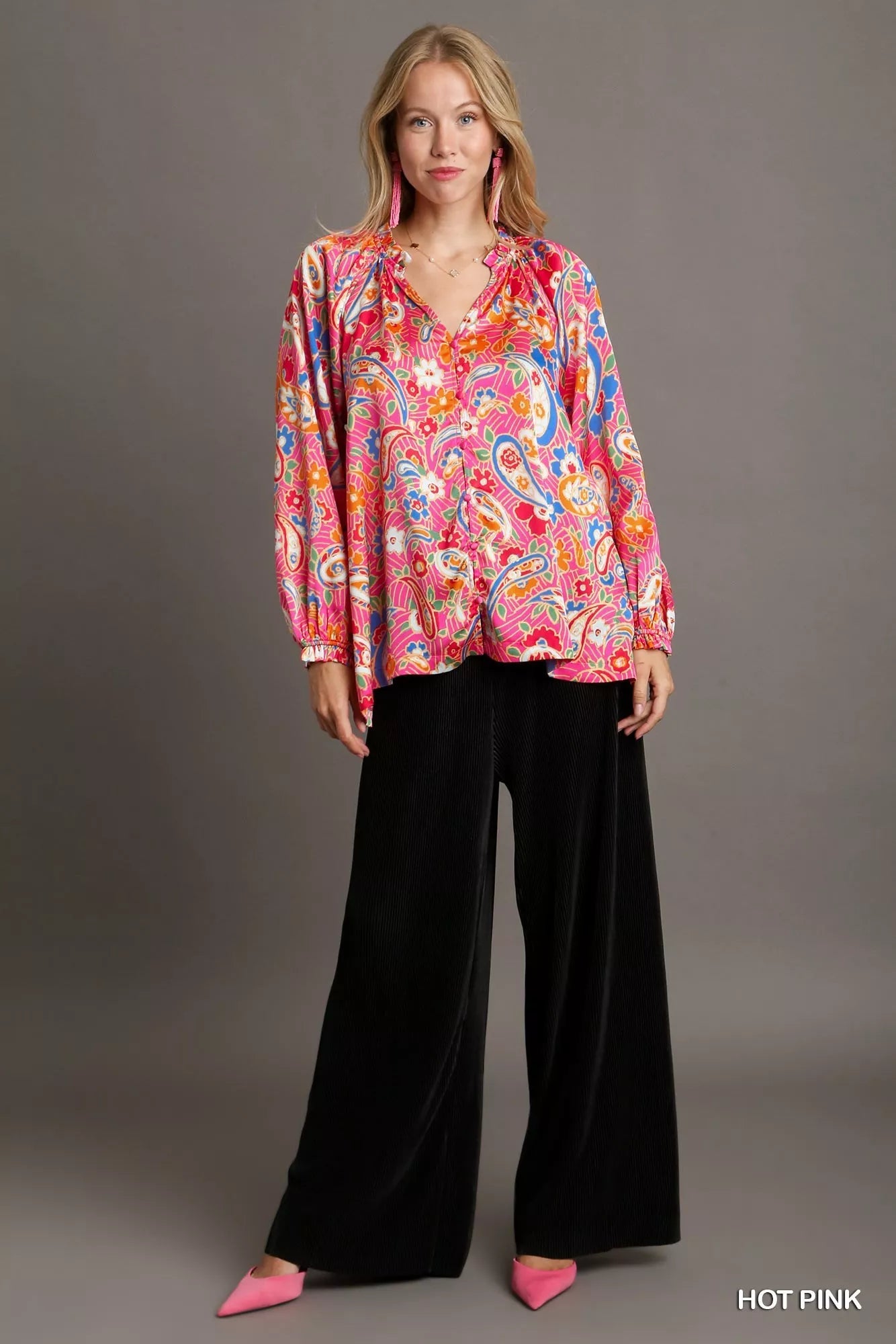 Full Size Satin Paisley Ruffle Neck Button-Up Shirt Plus Size