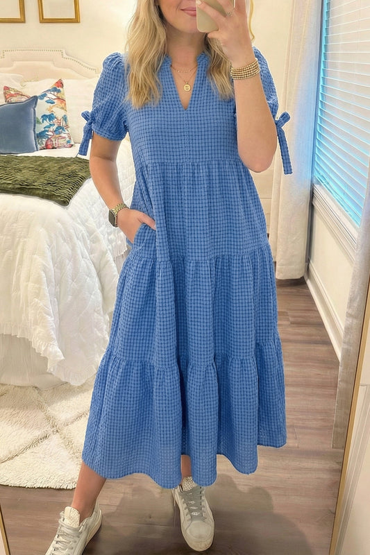 Vestido midi escalonado de manga corta con lazo texturizado de guinga azul anochecer
