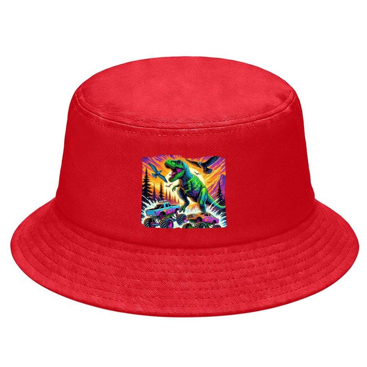 Giant Dinosaur Stomping Trucks Design Kid's Bucket Hat | Ships from USA
