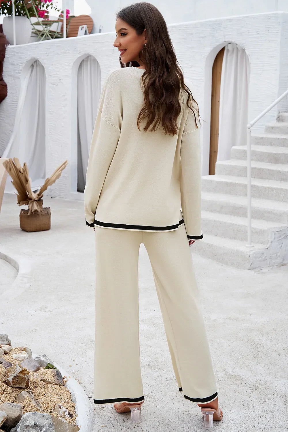 Conjunto de blusa con cuello redondo y pantalón Devine Contrast Trim