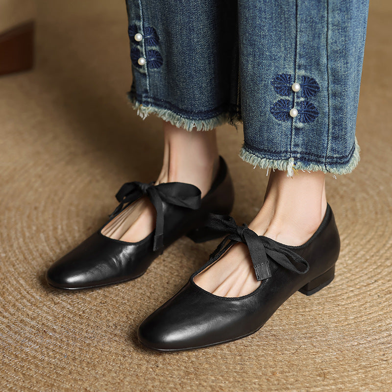 Women's French-style Vintage Low-heeled Leather Heels