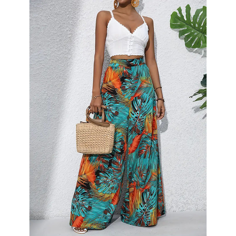 Pantalones palazo de mujer estampados de tiro alto y pierna ancha