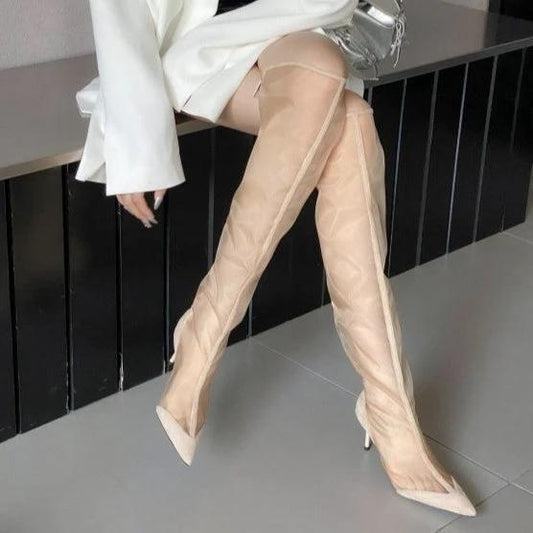 Botas Sandalias de Tacón de Aguja Transpirables con Cremallera Trasera y Malla Transparente Puntiagudas de Caña Alta Fashion