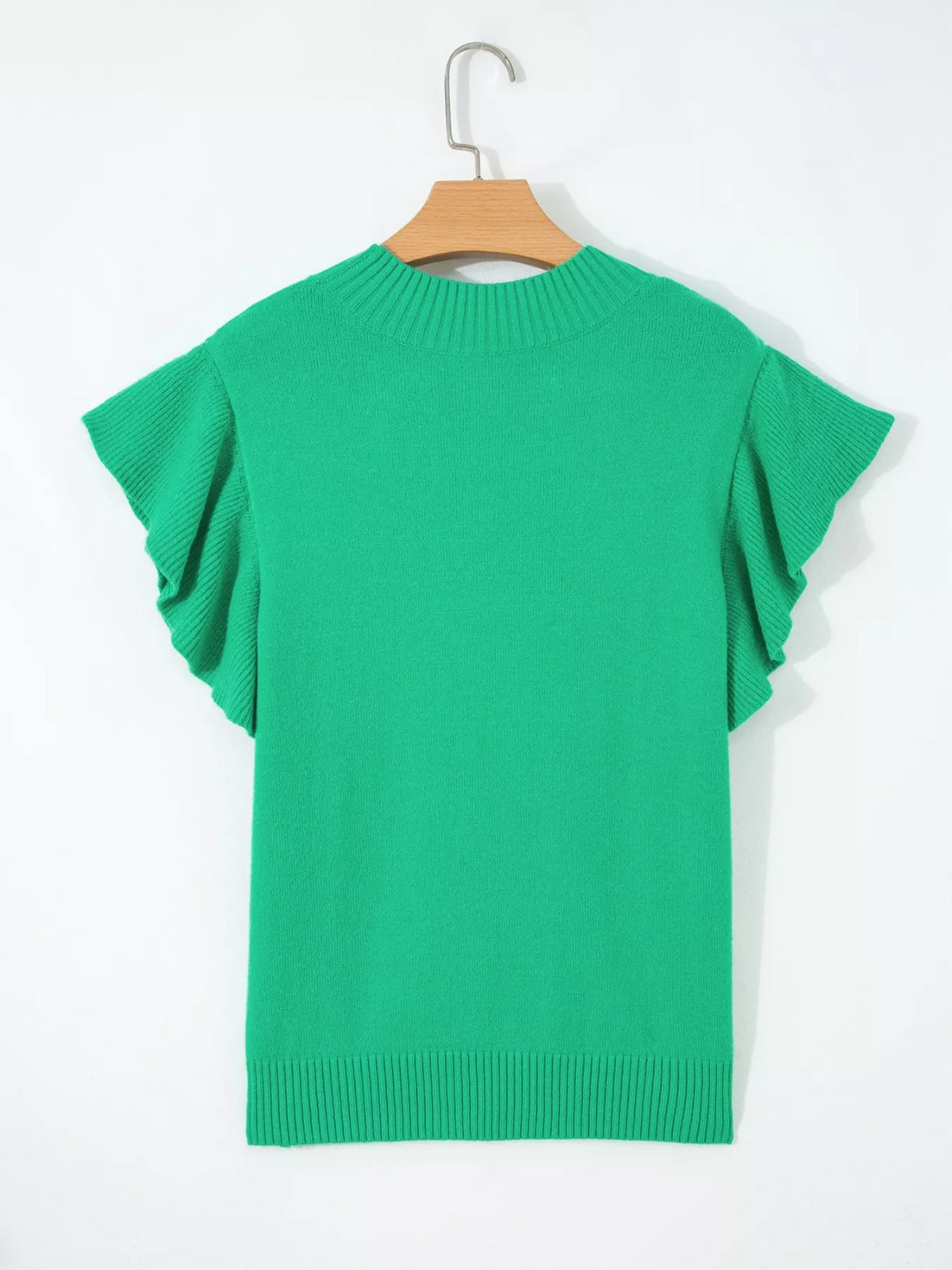 Solid Color Ribbed Trim Round Neck Ruffle Short Sleeve Sweater