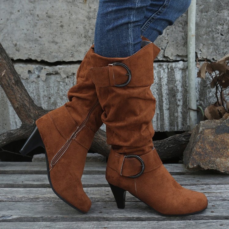 Women's Buckle Detail Round-Toe Boots