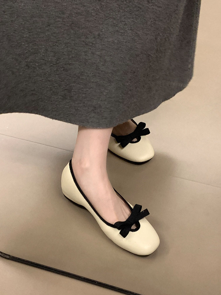 Women Elegant Round Square Toe Hidden Height Flats, Bow Decor Mary Jane Slip On Ballet Shoes, Matching Dress Casual Footwear 2026