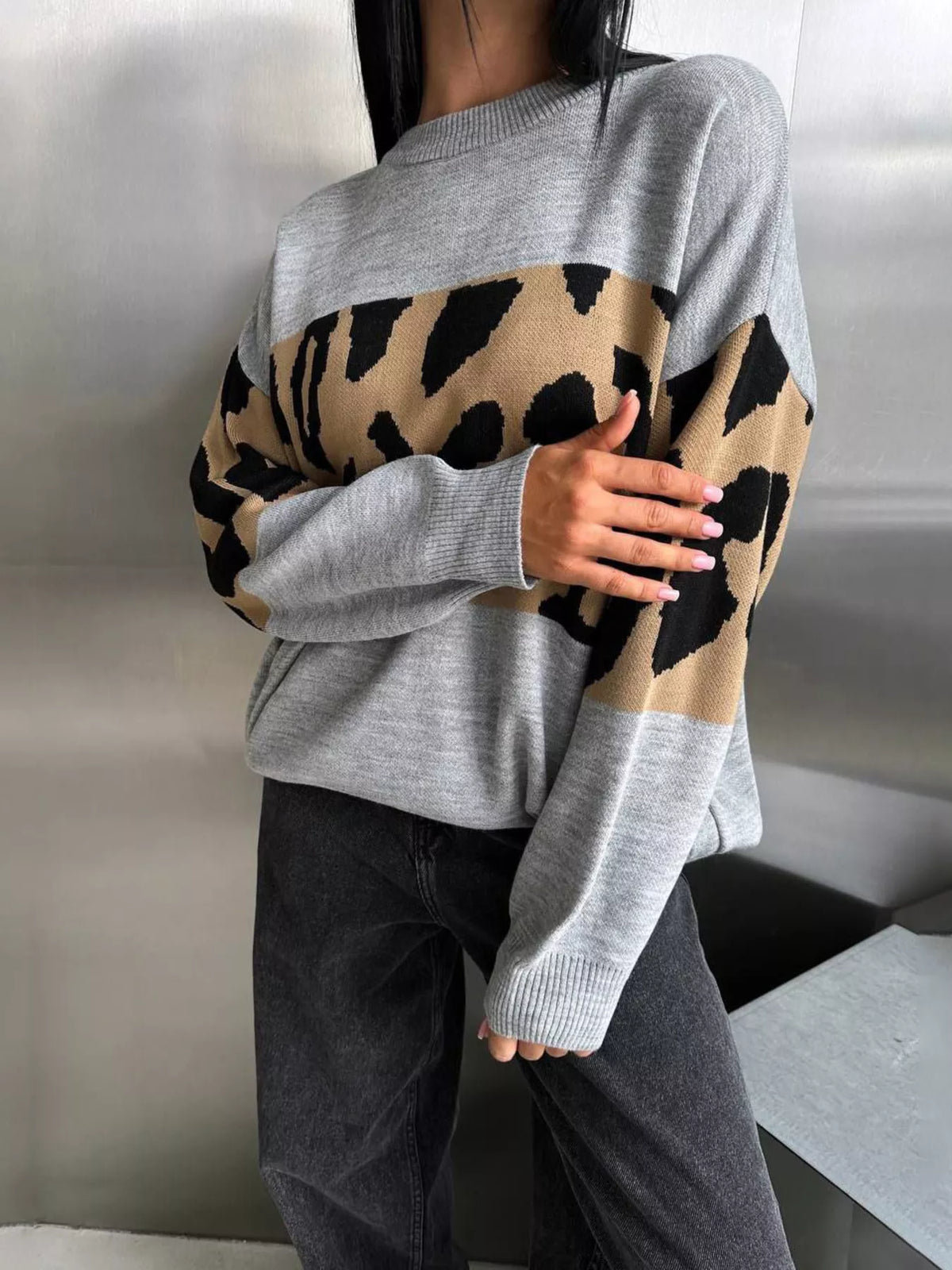 Leopard Color Block Round Neck Sweater