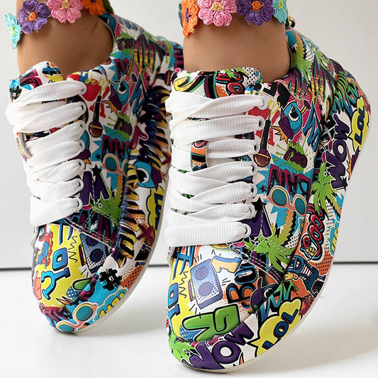 Women's Casual Round Toe Thick Sole Lace-Up Sneakers, Random Print Design, Comfortable Sporty Shoes For Daily Wear See size chart under “more details”