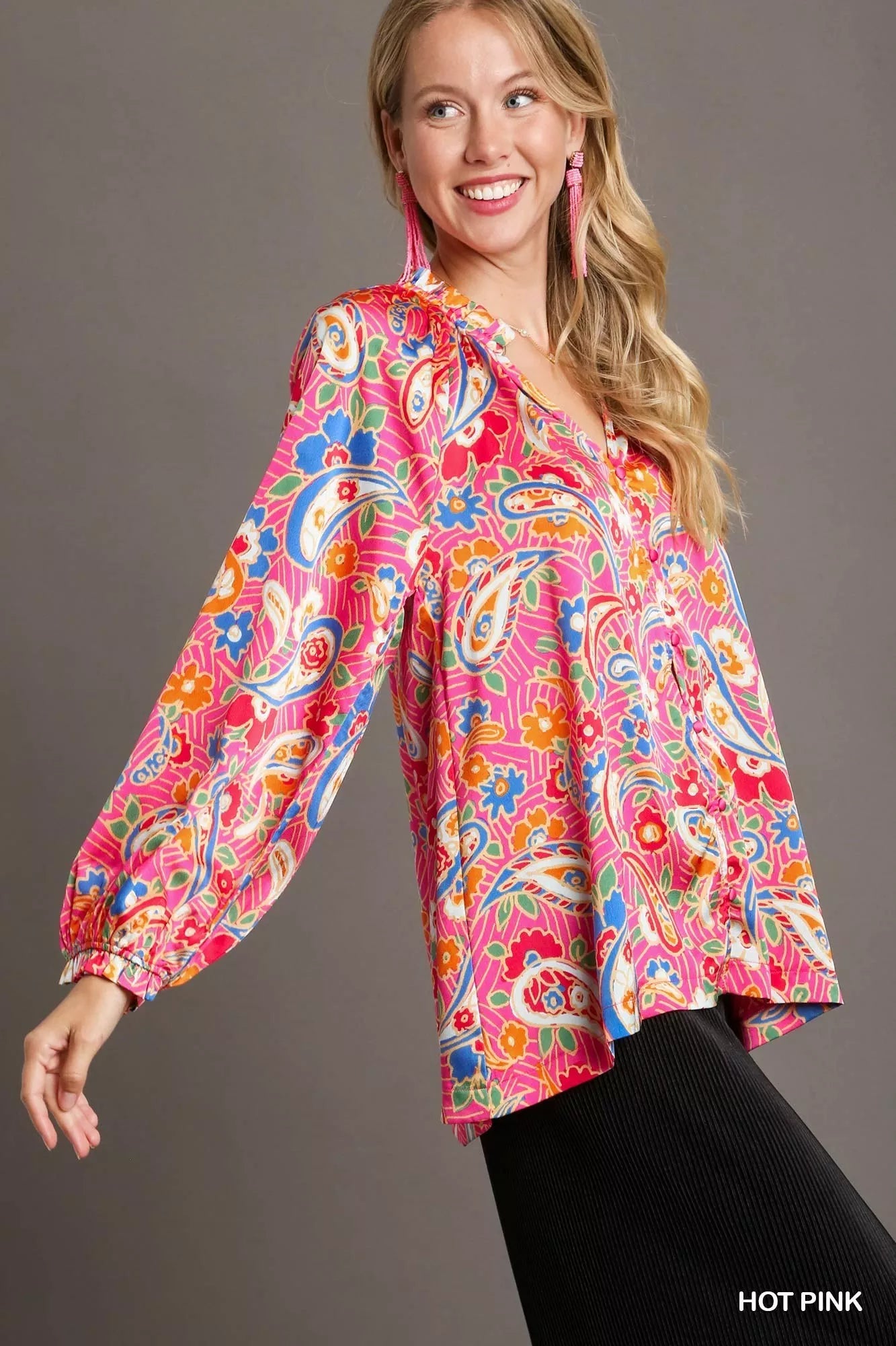 Full Size Satin Paisley Ruffle Neck Button-Up Shirt Plus Size
