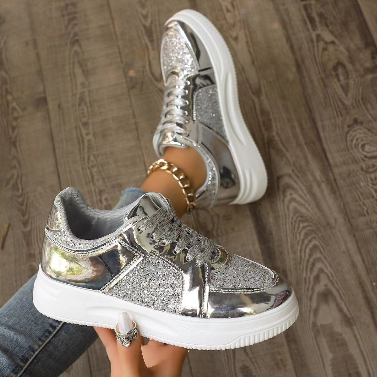 Women's Sequin Lace-Up Platform Sneakers