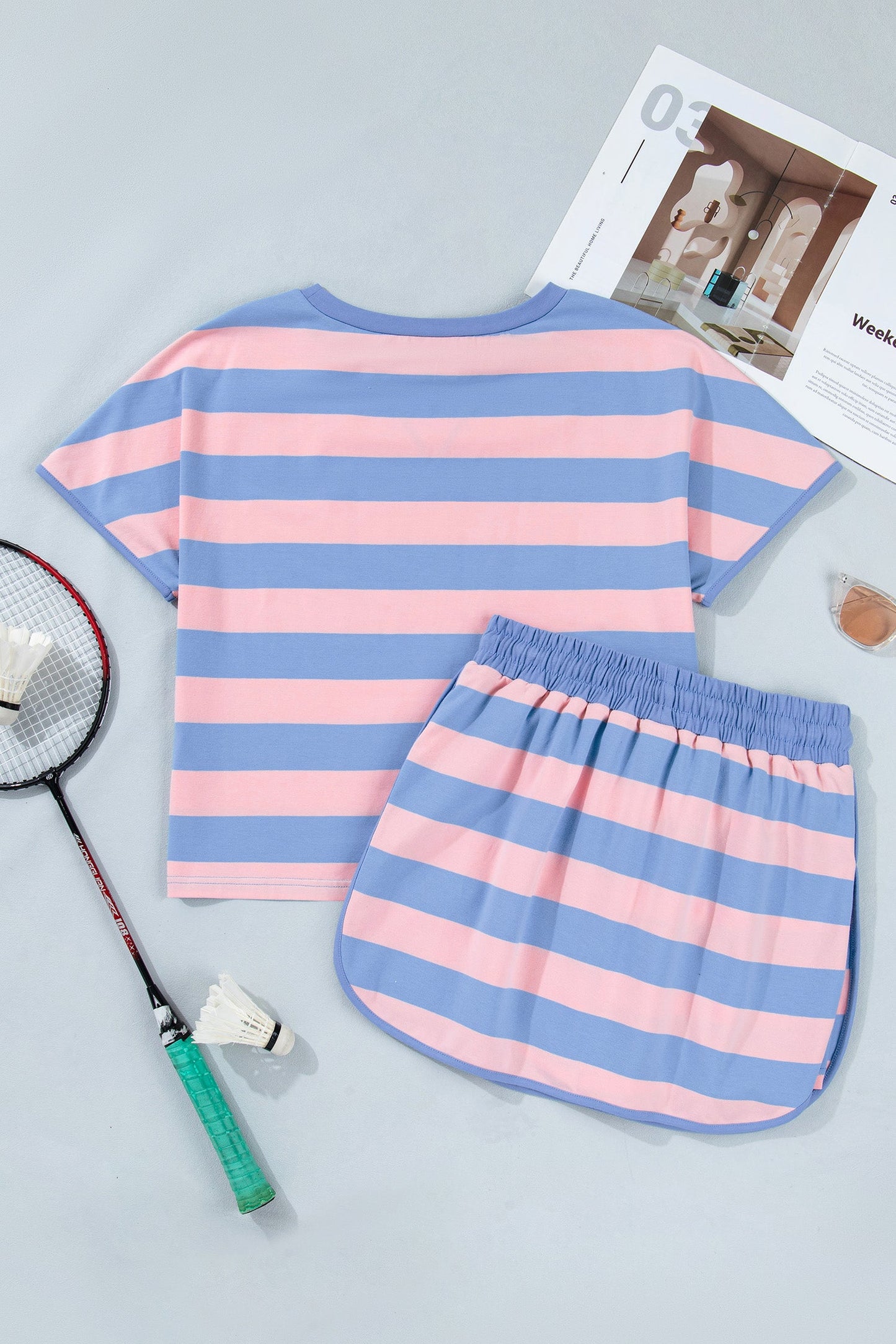 Yellow Stripe Dolman Tee Drawstring Skort Athletic 2pcs Set