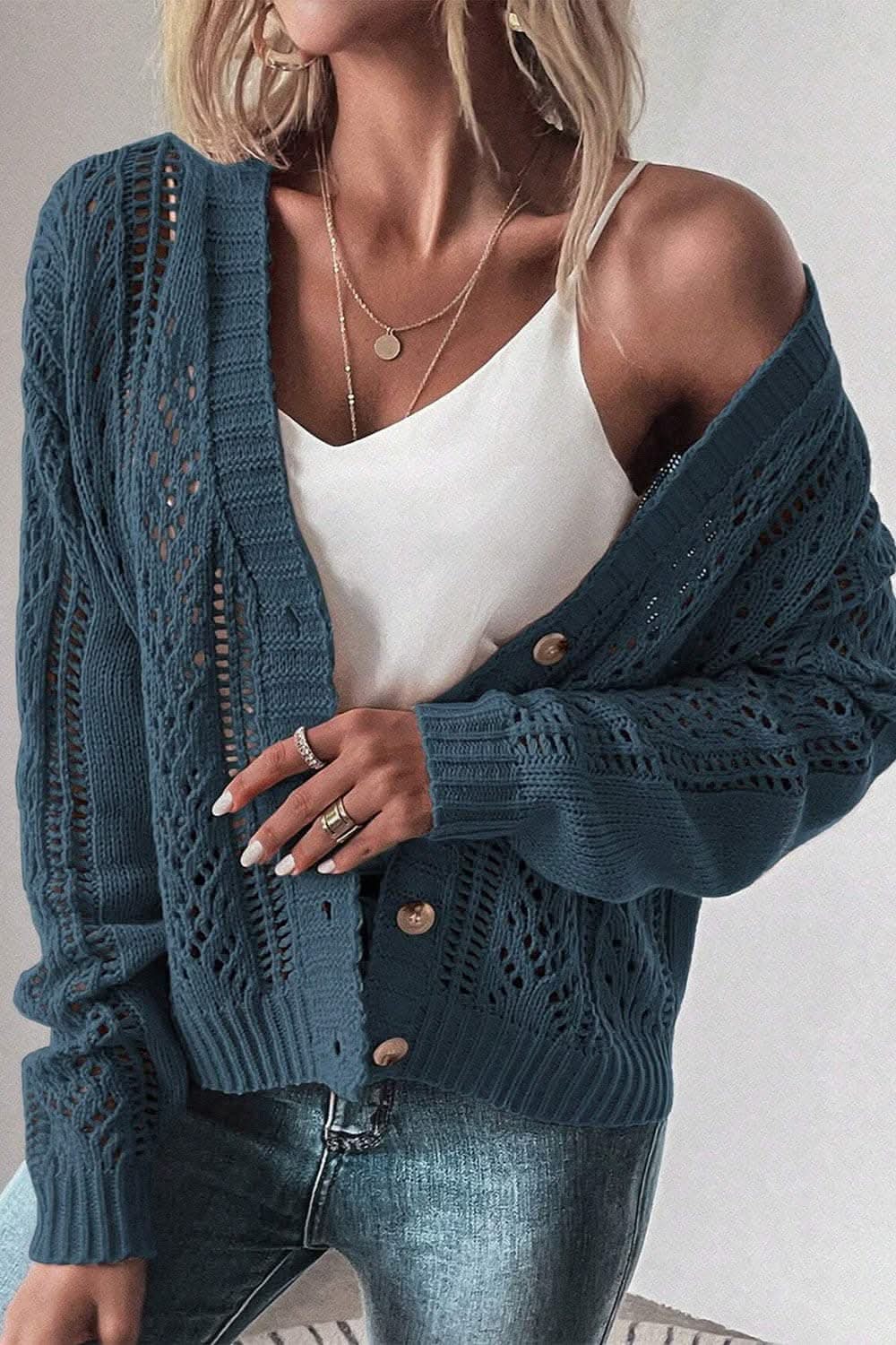 Cotton Blend Openwork Cardigan by Trendsi | Peacock Blue