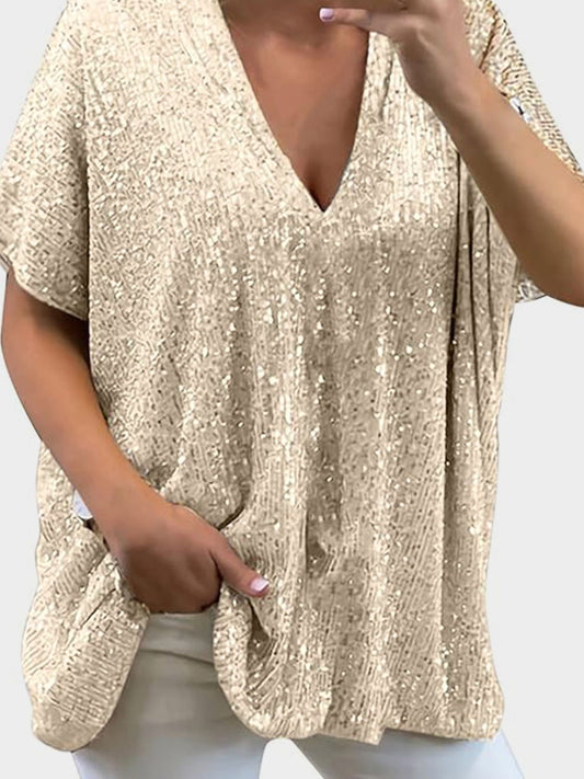 Top de manga corta con lentejuelas y cuello de pico de talla grande