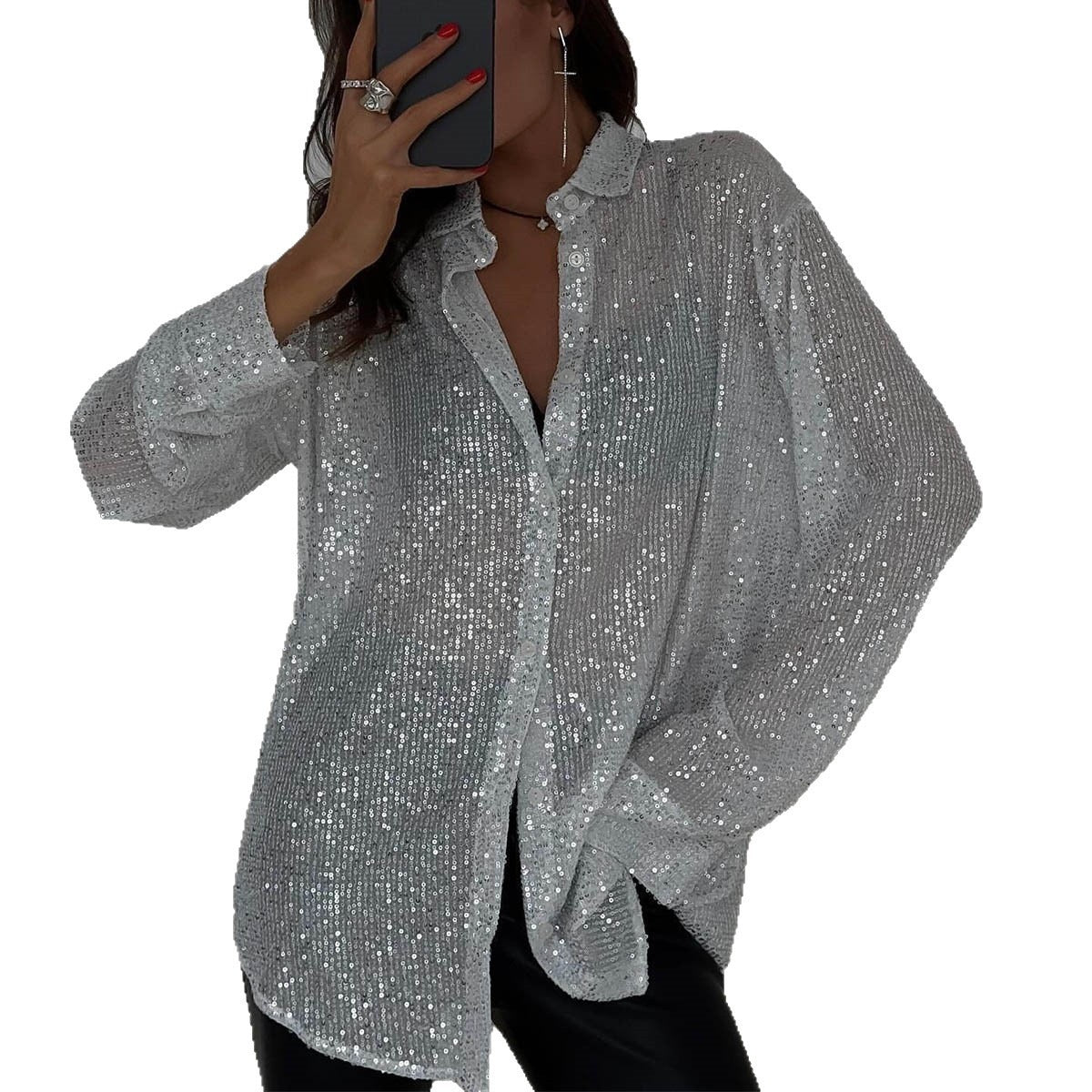Spring Summer New European And American Sequin Top With Turn-down Collar, Long Sleeve Cardigan, Basic Cross-border Women's Shirt Jacket