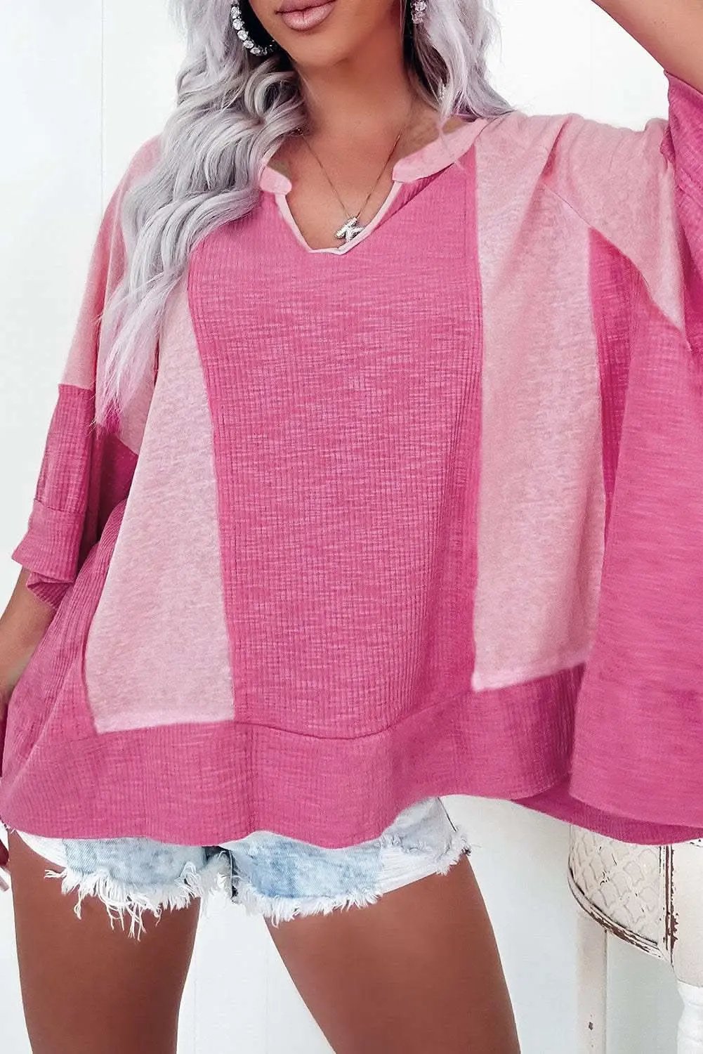 Love Salve Women's Oversize Top Colorblock 3/4 Sleeve — Pink