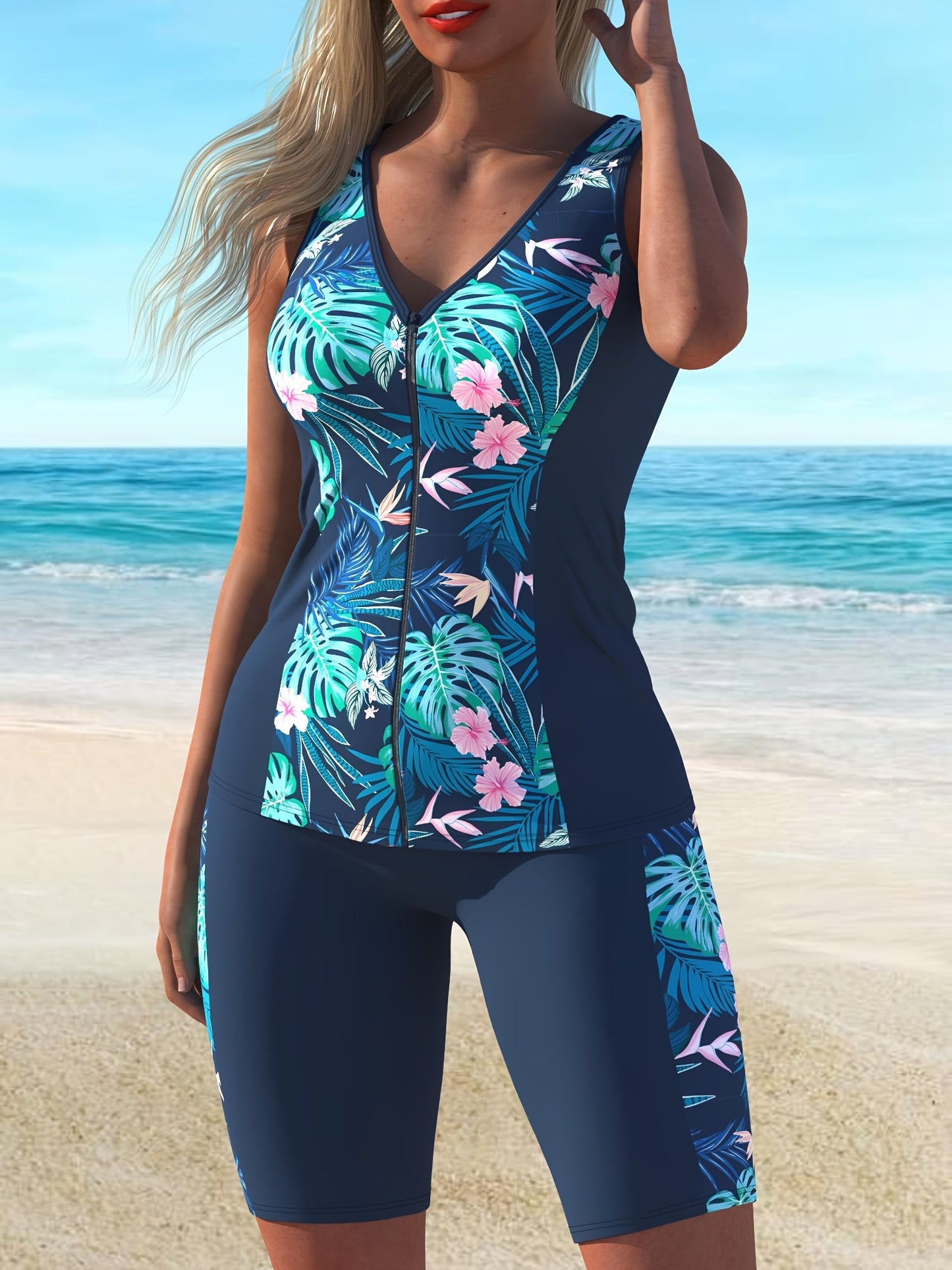 Conjunto de Tankini a Rayas Azules de Moda para Mujer, Perfecto para el Ocio en la Playa.
