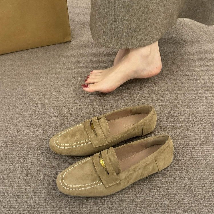 Suede Loafer Flats with Buckle Detail
