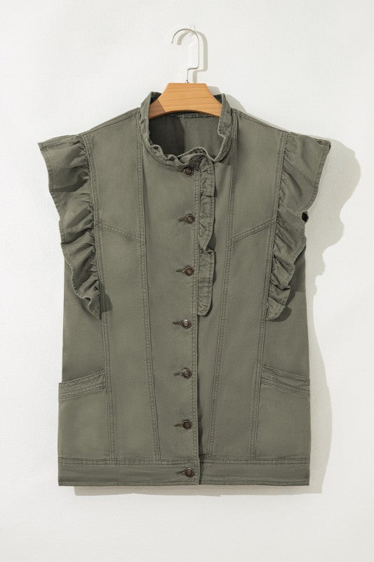 Denim Patchwork Ruffle Sleeve Jacket Vest See size chart under “more details”