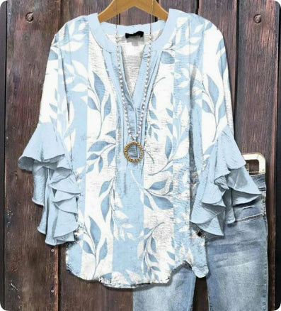 V-neck Fashion Lotus Edge T-shirt Women's Top