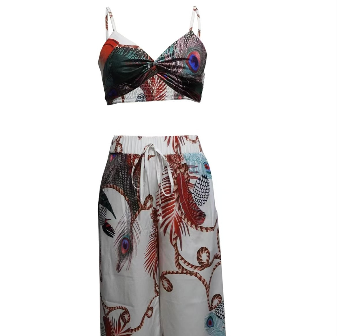 Conjunto de pantalón estampado de plumas para mujer