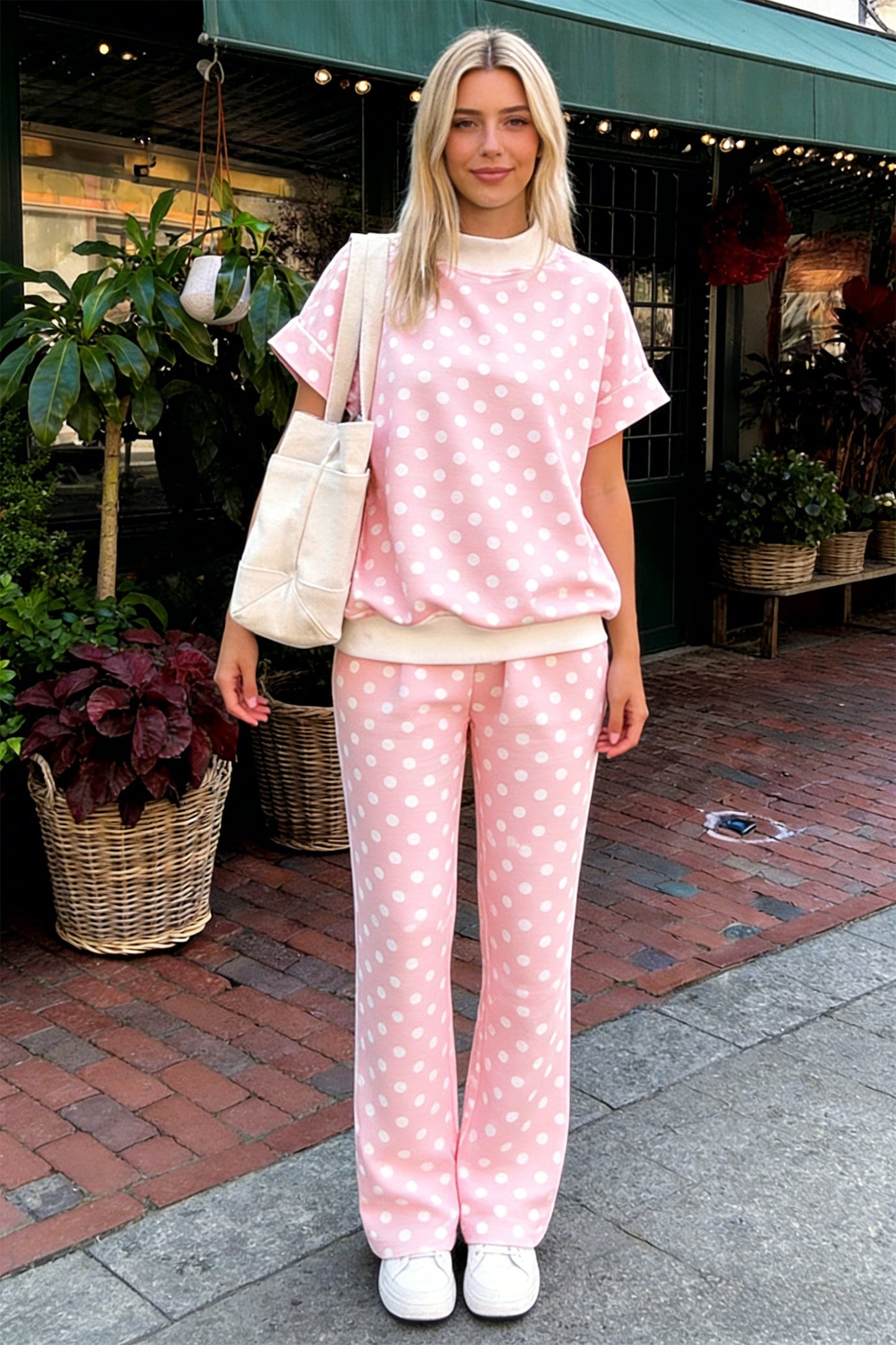 Pink Polka Dot Print Mock Neck Short Sleeve Top Shift Pant Set