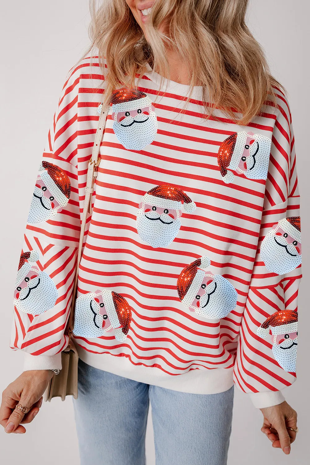 Sudadera de cuello redondo con rayas y Papá Noel de lentejuelas y manga larga