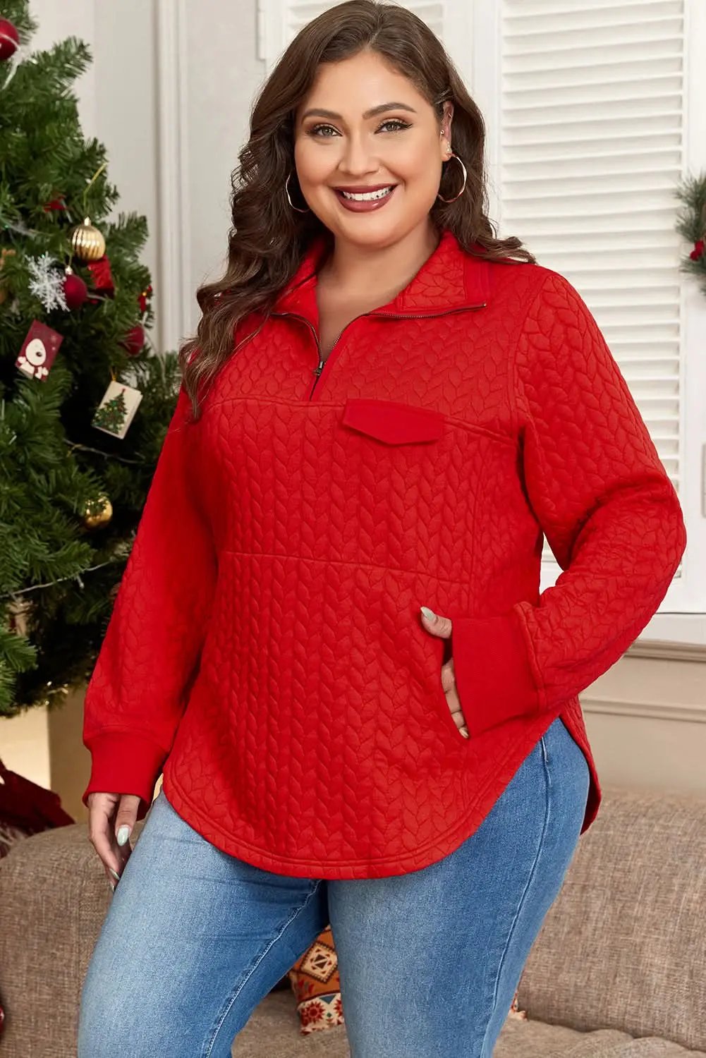 Love Salve Women's Plus Size Cable Knit Pullover — Quarter Zip Sweater