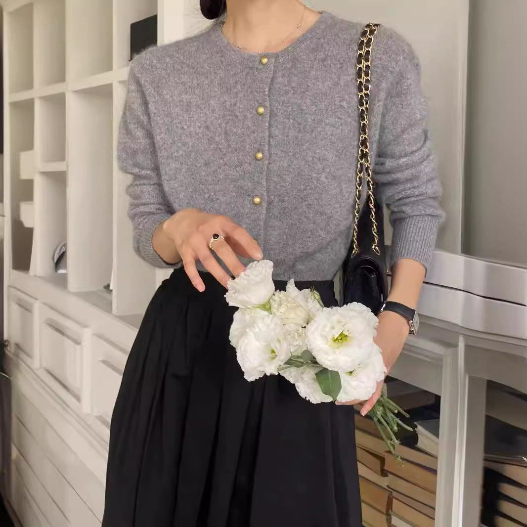 Round-neck Gold-button Wool Knit Cardigan Sweater