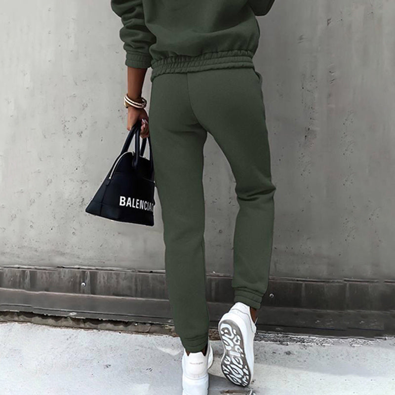 Conjunto de sudadera con capucha y pantalón de dos piezas de color liso para mujer