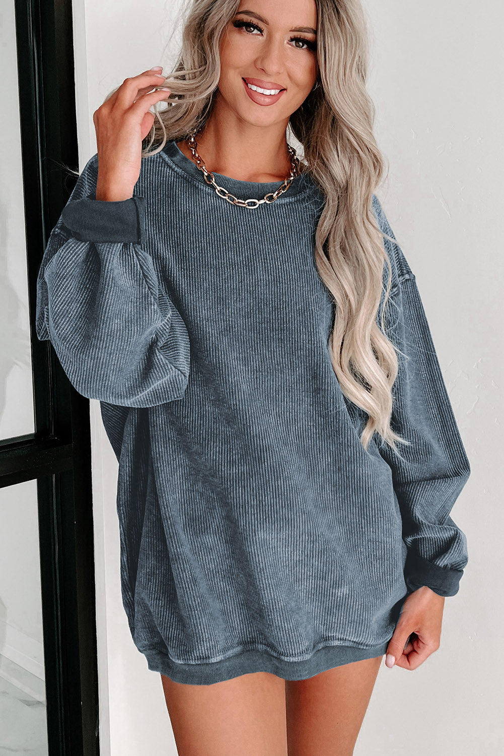 Sudadera Rosa Sólida de Punto Acanalado y Cuello Redondo