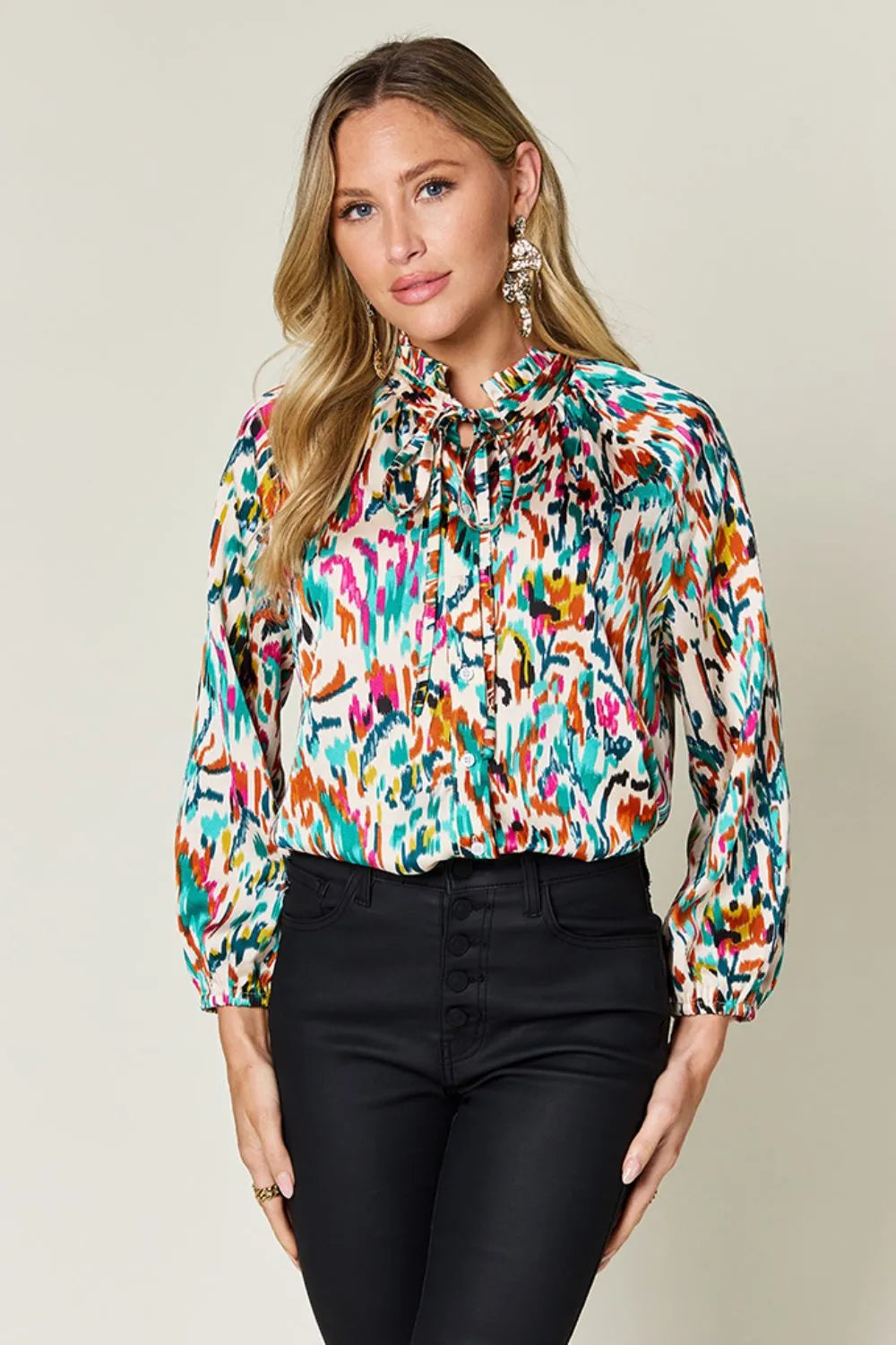 Camisa abotonada de manga larga estampada Full Size Double Take
