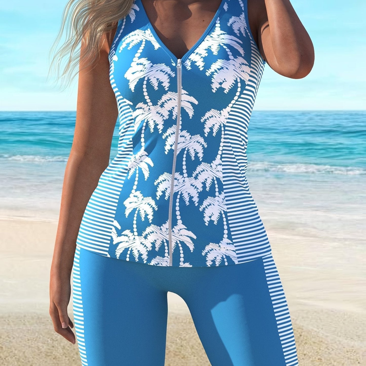 Conjunto de Tankini a Rayas Azules de Moda para Mujer, Perfecto para el Ocio en la Playa.