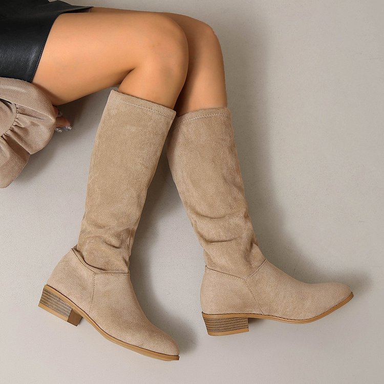 Women's Matte High Calf Knight Boots, Back Zipper, Chunky Wood Grain Heel, Minimalist Straight Shaft, Below Knee, Slim Fitting