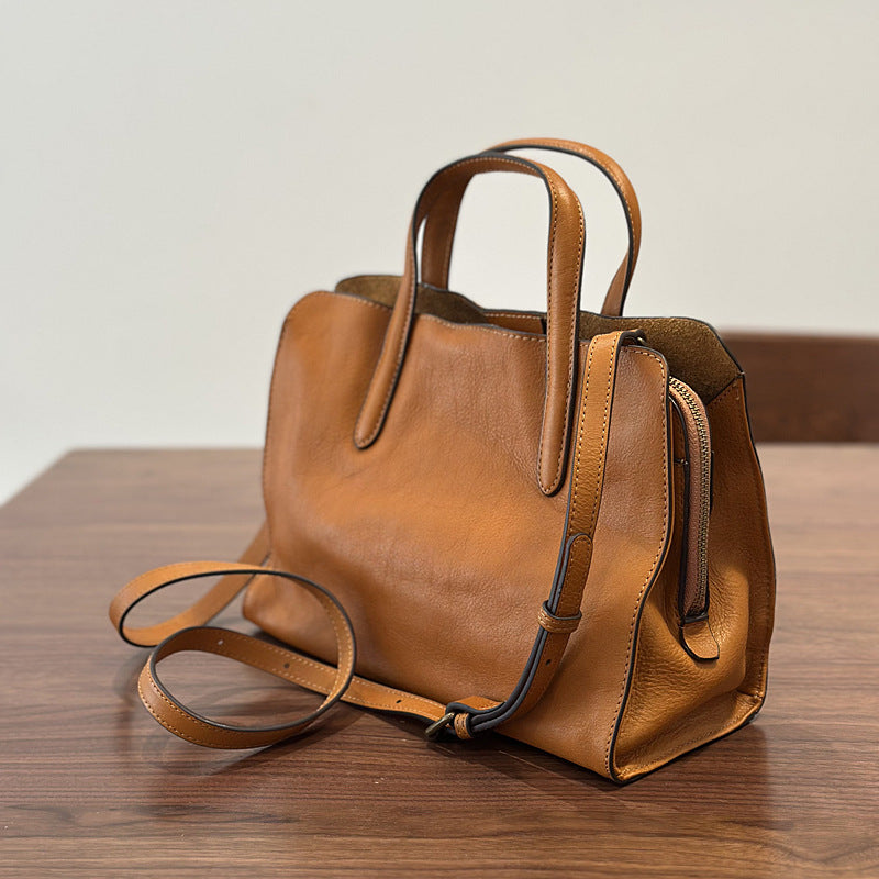 Womens Casual All-Match Tote Bag Made From Full-Grain Cowhide Leather