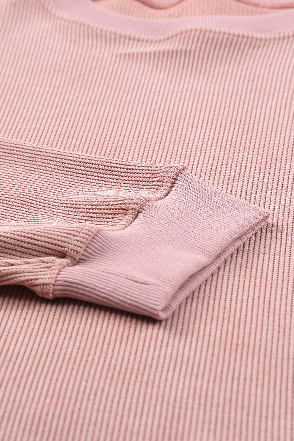 Sudadera Rosa Sólida de Punto Acanalado y Cuello Redondo