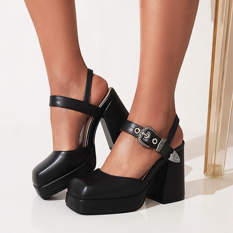 Square-toe Platform Chunky-heel Strappy Sandals