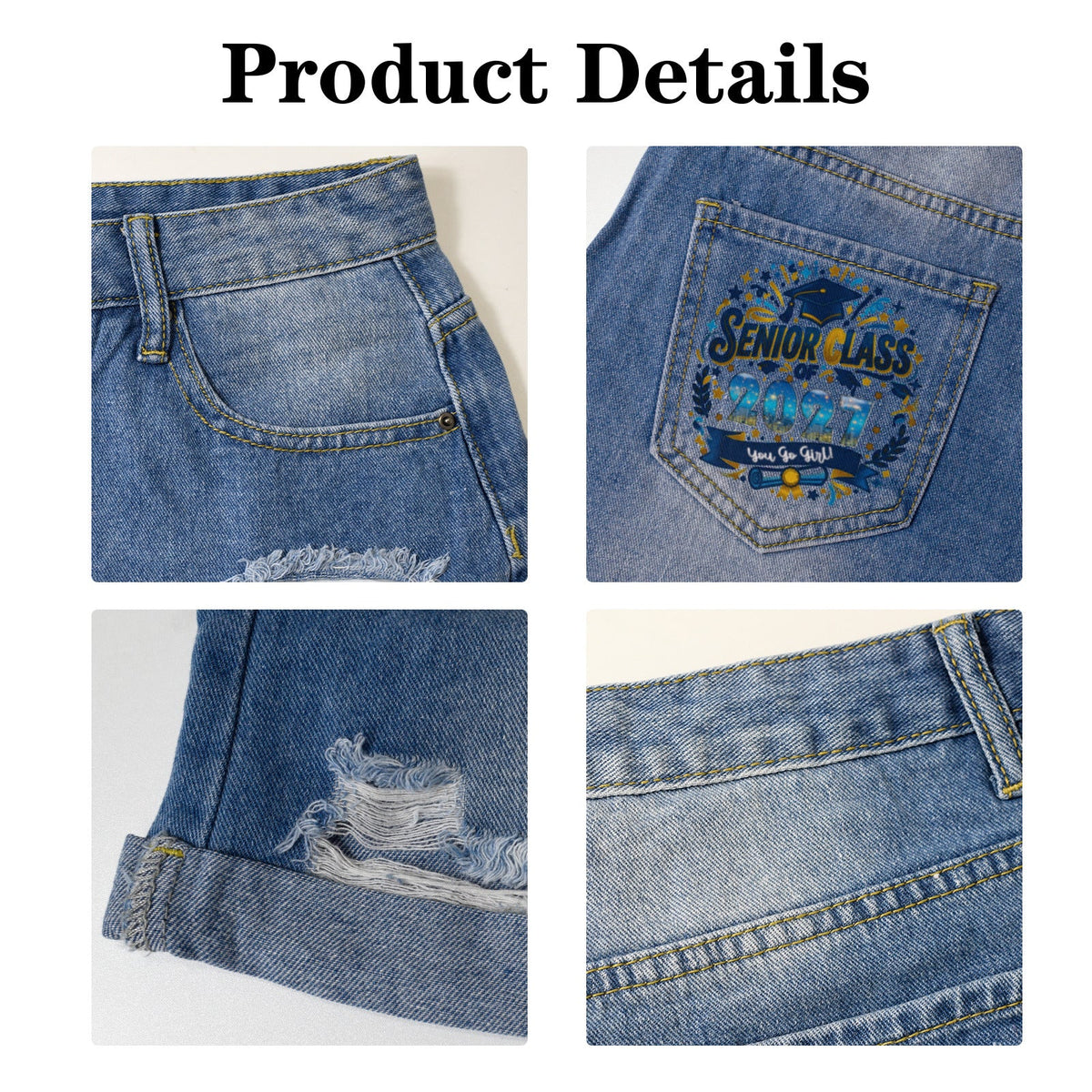 Senior Class of 2027 Light-Wash Blue Denim Shorts with Dual Pockets Print
