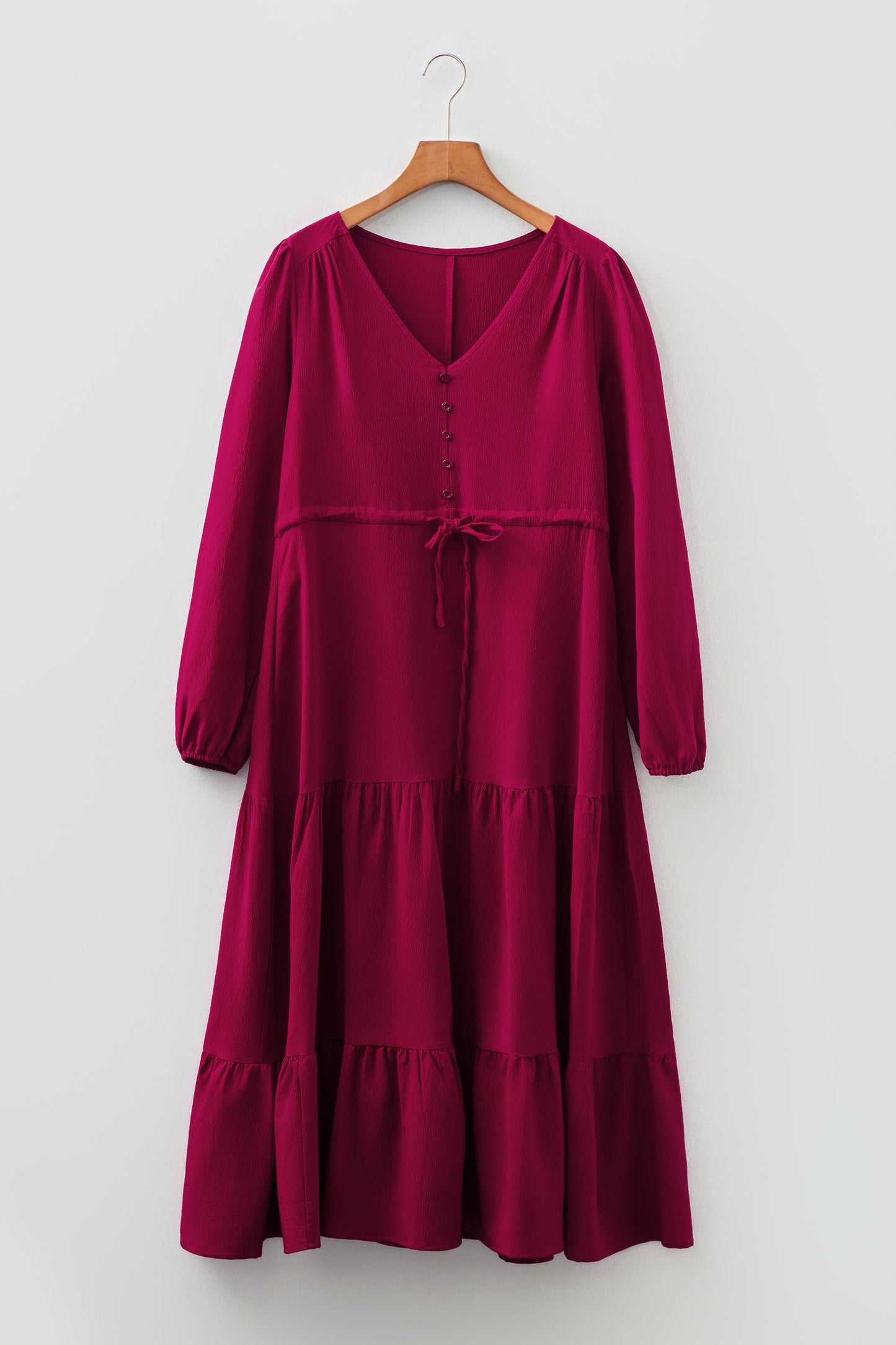 Vestido maxi escalonado con cuello en V y botones de manga larga, liso, verde negruzco