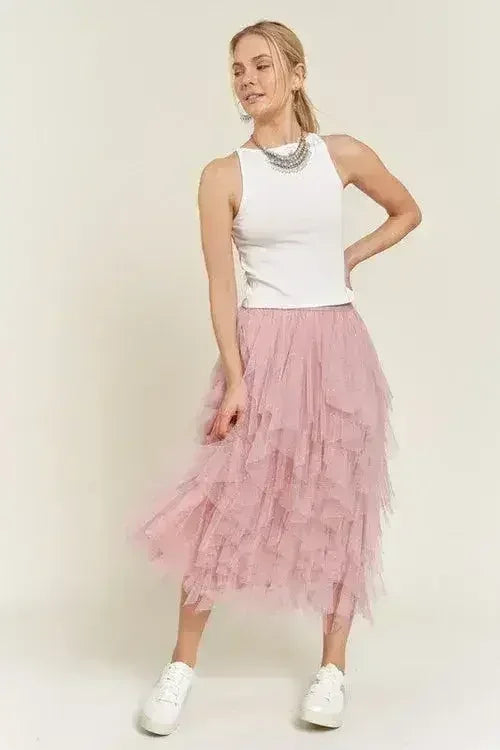 PLUS LAYER POLKA DOT MESH LINED A-LINE MIDI SKIRT