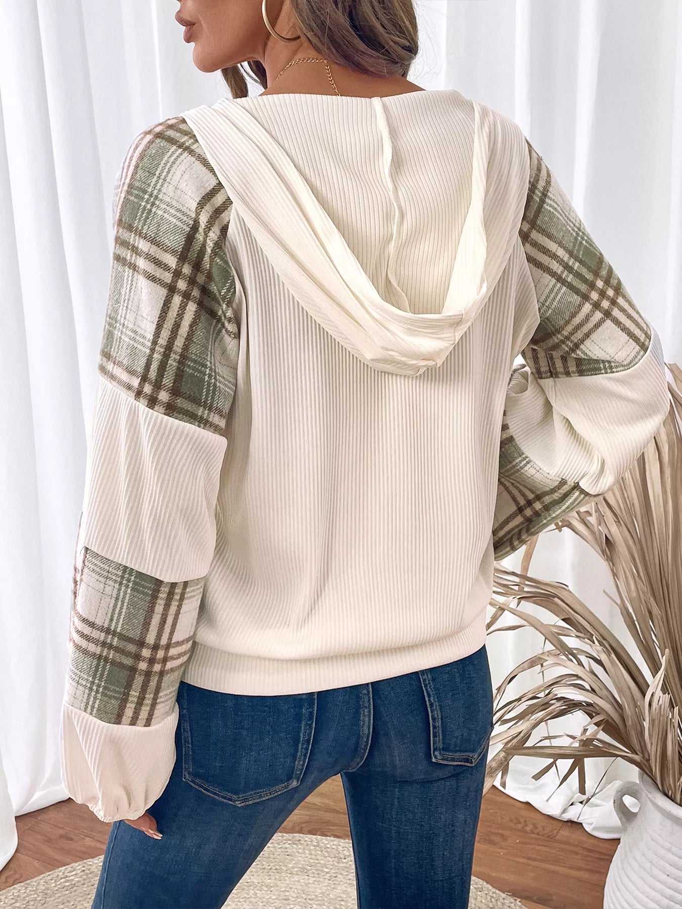 Plaid V-Neck Button Front Sweatshirt