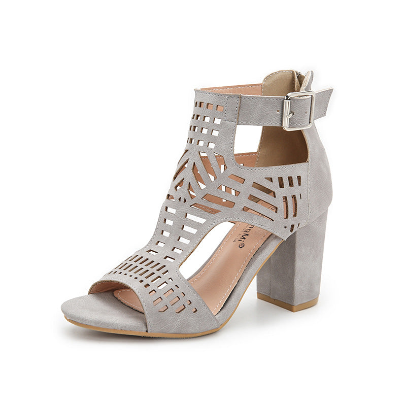 Women's Hollow Peep Toe Block Heel Sandals