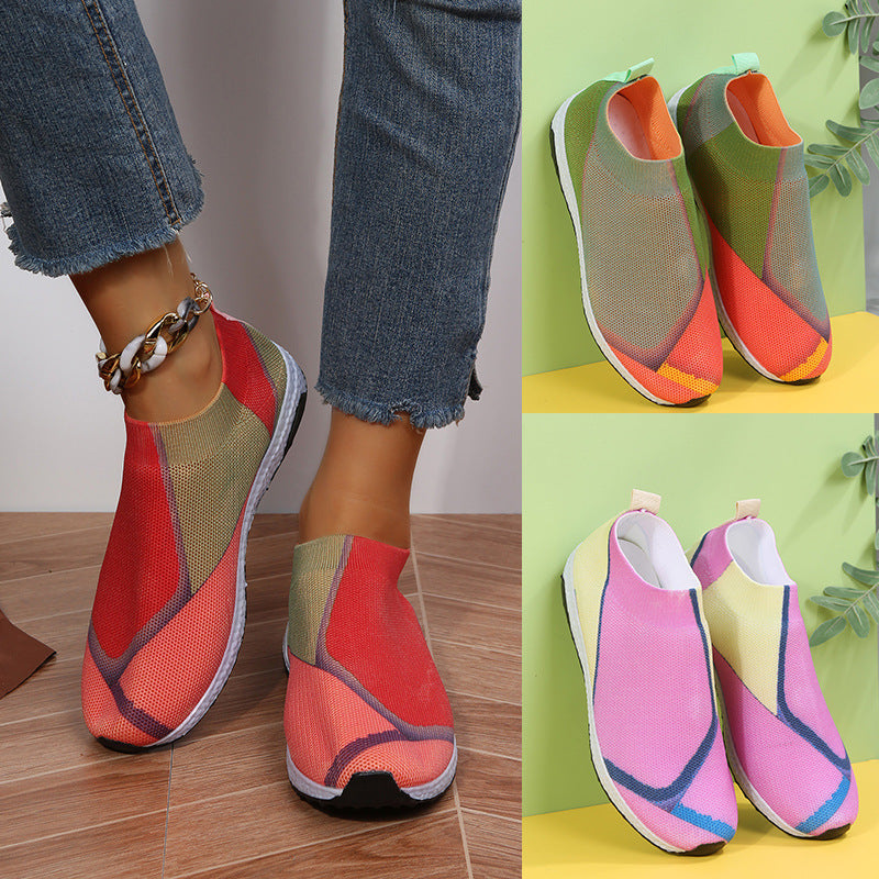 Women's Casual Fly Weaving Color Blocking Flat Sneakers