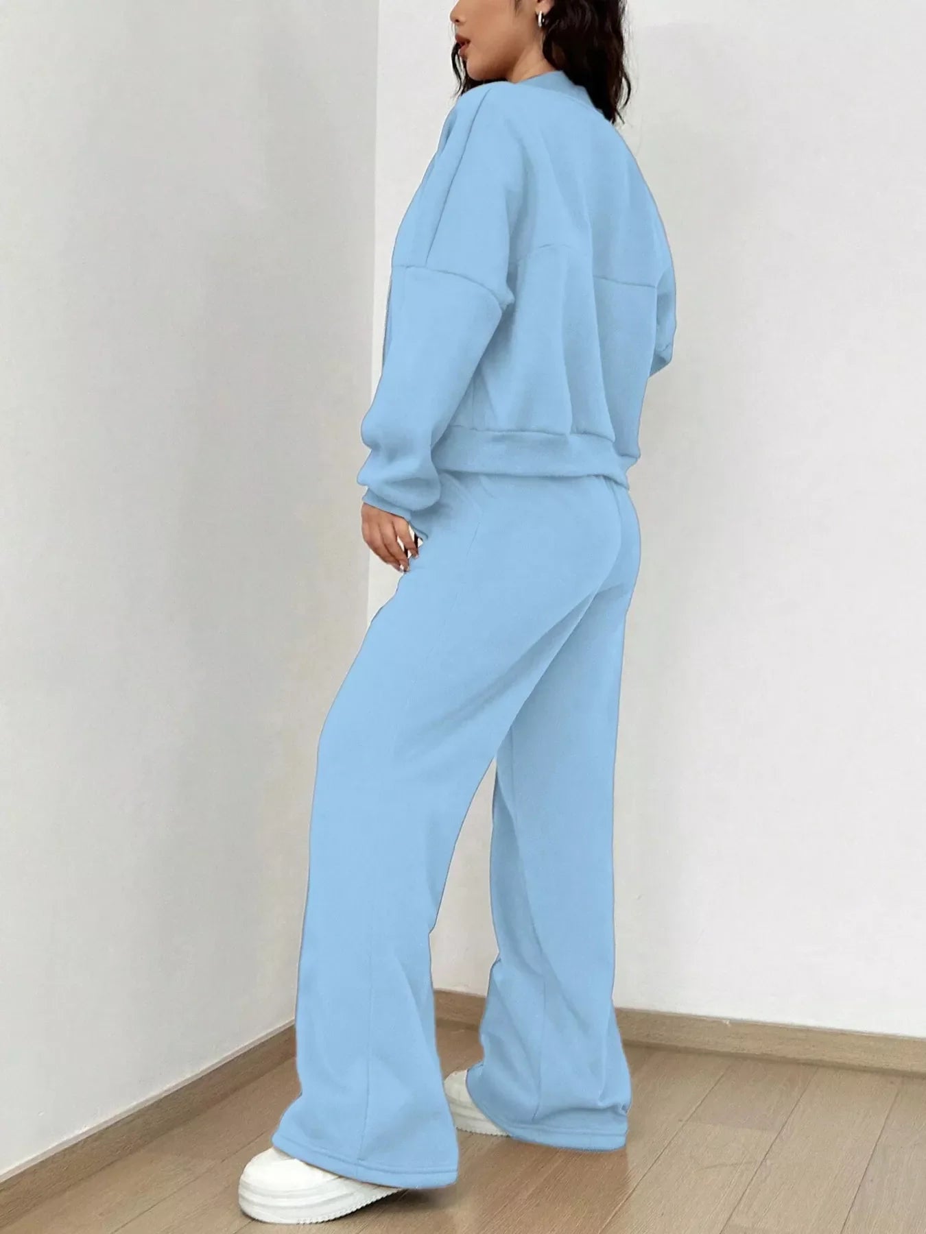 Conjunto de chaqueta con cremallera de color liso informal y pantalones de pernera ancha