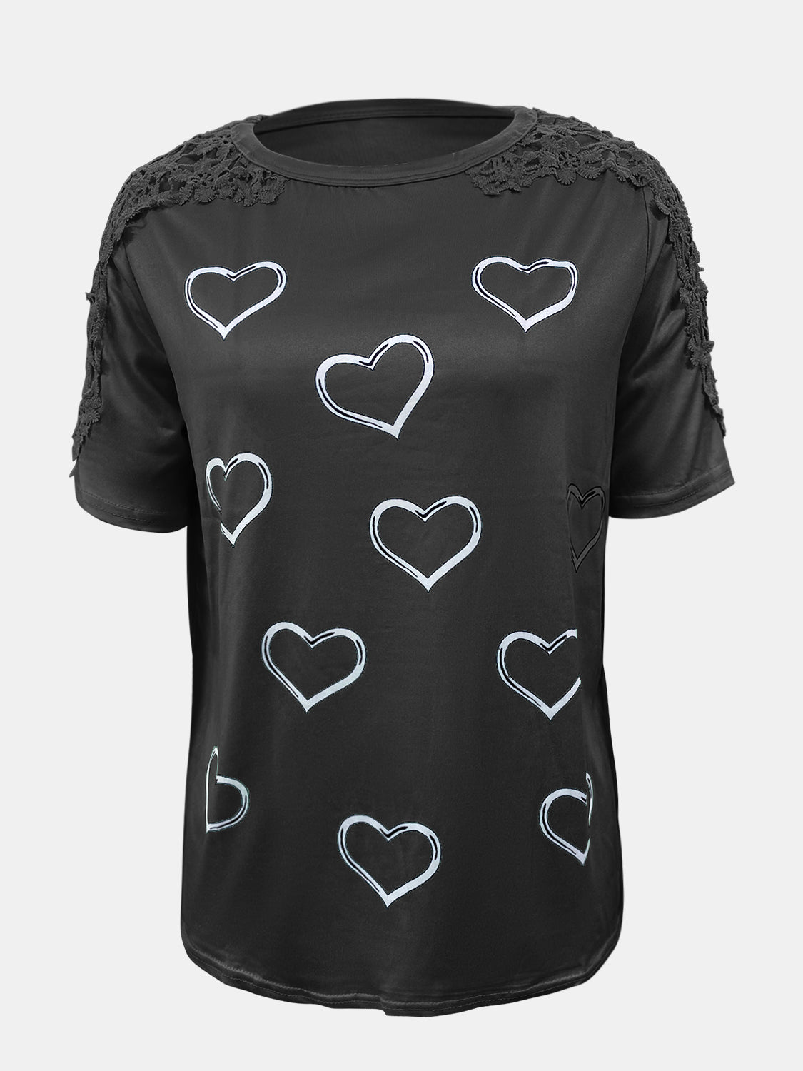 Camiseta de manga corta con cuello redondo, detalle de encaje y corazón, talla grande