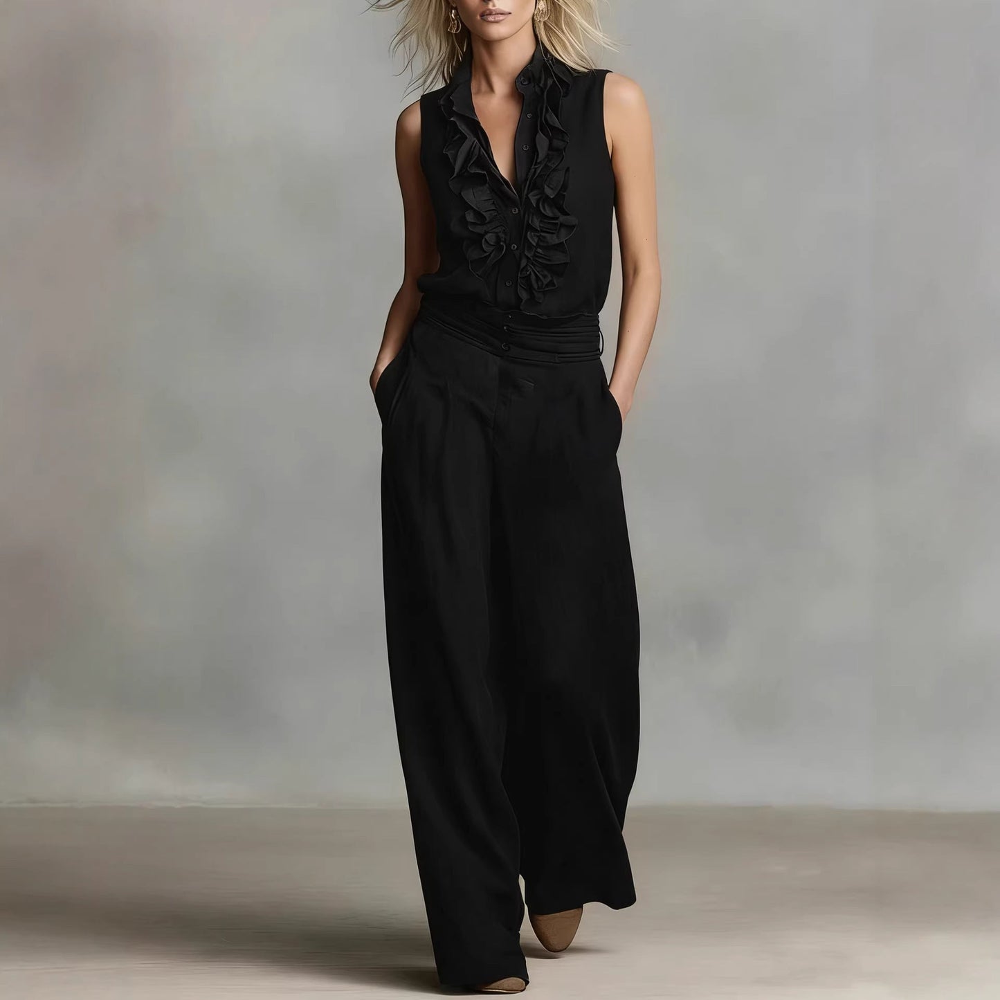 Conjunto de dos piezas de lino para mujer – Camisa sin mangas y pantalones de pernera ancha