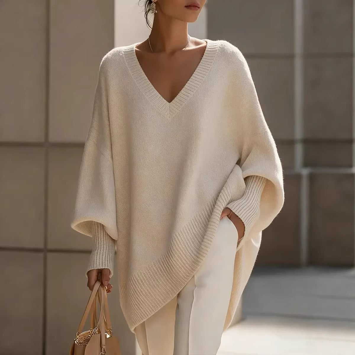 Women's V Neck Oversized Knit Sweater, Long Sleeve Solid Color Lazy Style Loose Asymmetric Hem Pullover Top For Spring Daily Wear