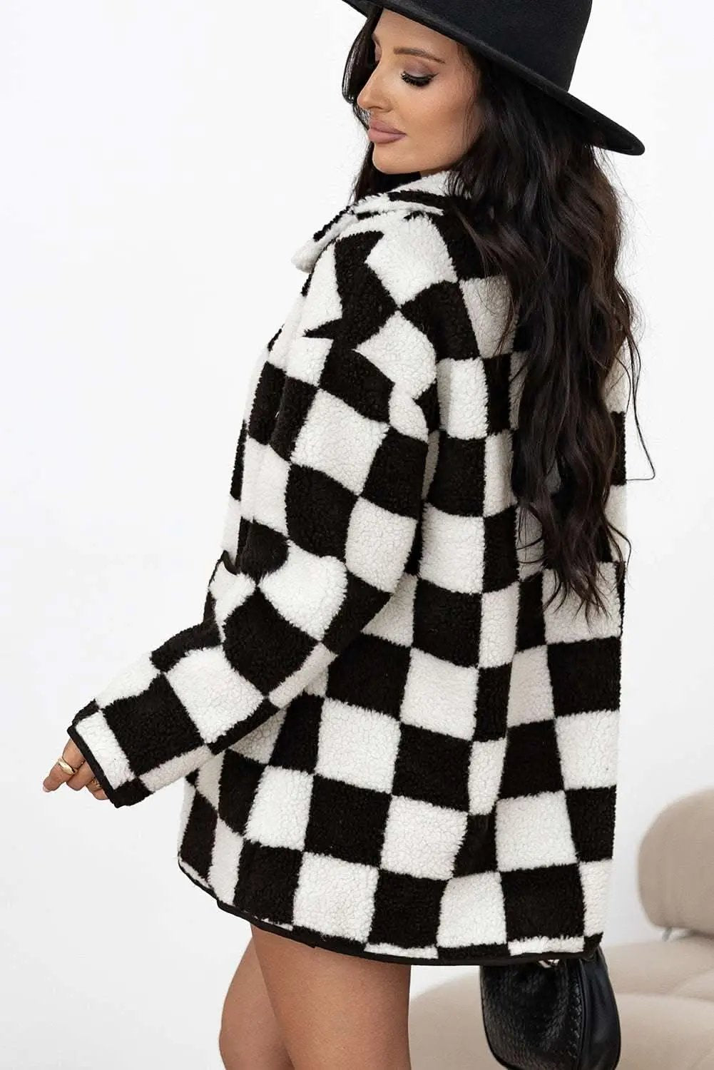 Love Salve Women's Fleece Jacket Black Checkered — Warm Casual Outerwear