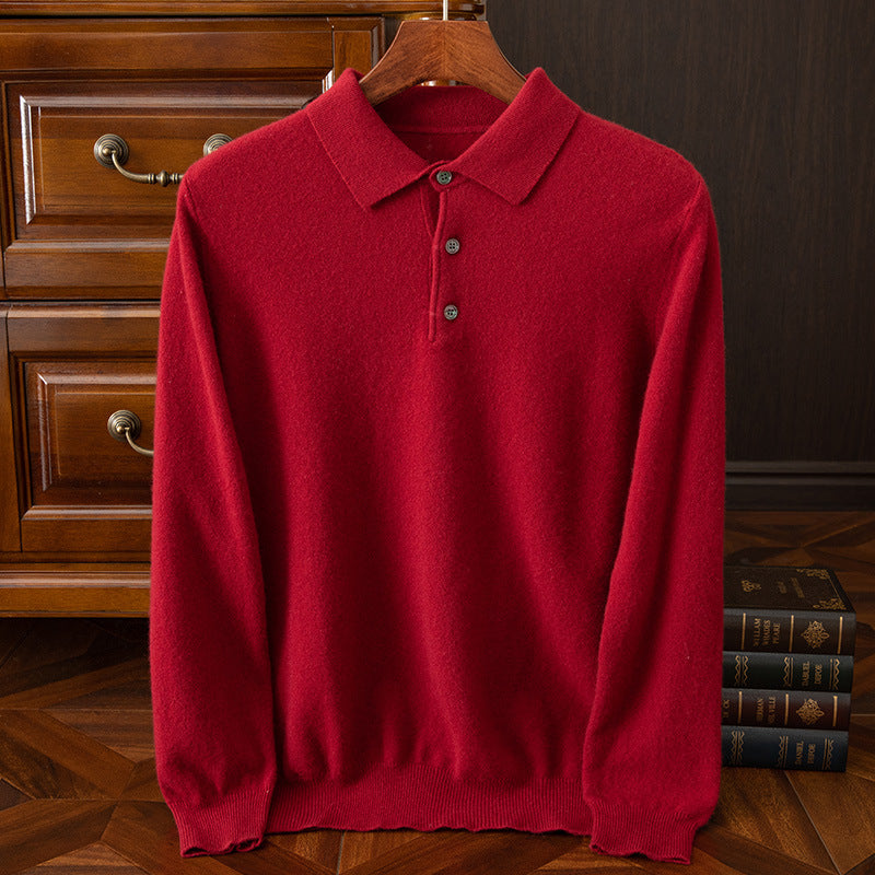 Mens Solid-Color Long-Sleeve All-Wool Polo-Neck Sweater